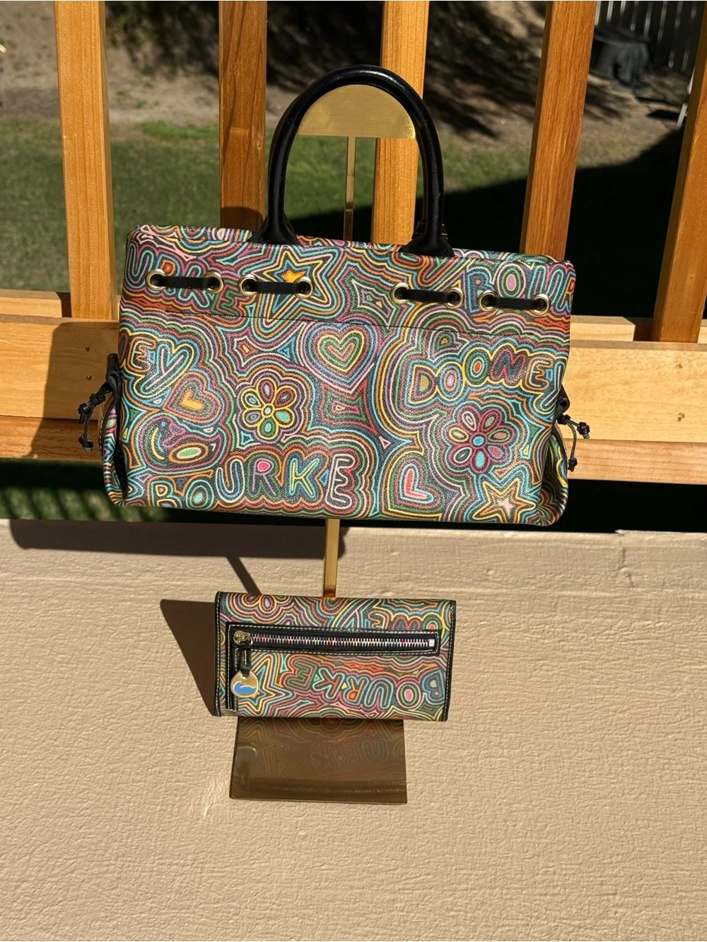 Rare Vintage Dooney & Bourke Rainbow Graffiti Doodle Bag & Wallet Bundle